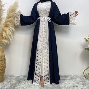 1498# Elegant Navy Front Open <b>Abaya</b> Pretty Floral White Lace Long Sleeve <b>Abaya</b> Long Robe for Muslim Women 2XL 3XL Limited - Product Image 2