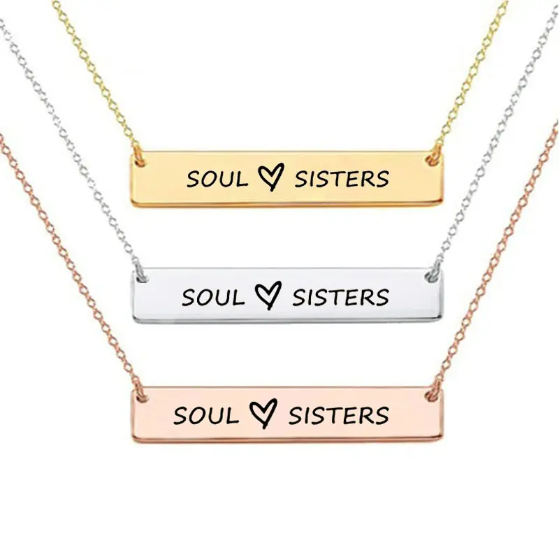 Fashion 925 Sterling Silver Soul Sisters Terukir Bar Kalung Perhiasan
