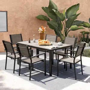 7PCS Outdoor Patio Dining Set mit 59 "x 35" Holz wie Tisch Wetter beständiger rechteckiger KD stapelbarer Sessel für Deck Garden