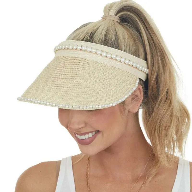 UV Protection Wide Brim Beach Sun Hat Pearls Adjustable Clip On Women Straw Sun Visor Hat