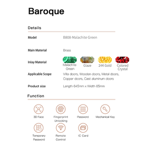 Kunci pintar kustom mewah baru 2025 | Seri Baroque B808 24K kristal berwarna emas kuningan kristal Malachite hijau buatan tangan Wi-Fi - Product Image 6