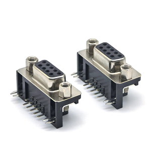 ขั้วต่อ D-SUB 9P แบบตัวเมียสำหรับ PCB แบบงอ: DR-9S แบบตัวเมีย ล็อคแบบง่าม ฉนวนสีดำเคลือบทองบางส่วน 90 องศา - Product Image 1