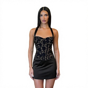Minivestido Negro de Encaje Sólido con Cuello Halter, Corsé en la Cintura, Falda Ajustada de Satén para Fiestas y Celebraciones - Product Image 3