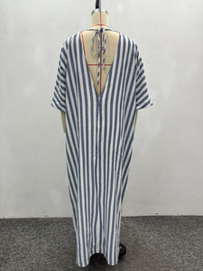 เดรสยาวทรงหลวมคอวีลายทาง แขนสั้น สไตล์ลำลอง สำหรับผู้หญิง แฟชั่นรักษ์โลก ผลิตจากวัสดุธรรมชาติ - Product Image 6