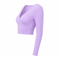 Haut court côtelé pour femme, à manches longues, col en V, coupe ajustée, extensible, décontracté, pour sortir