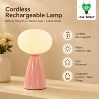 Lampe de table champignon rechargeable en céramique avec abat-jour en verre, USB-C, 3 températures de couleur, tactile, intensité réglable, sans fil, simple, pour hôtel et restaurant