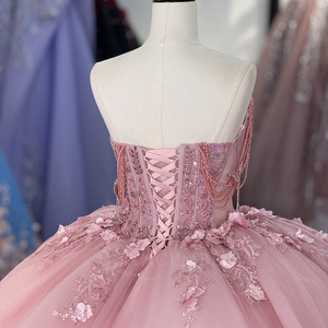 Vestido de Quinceañera 5957, Exquisito, Color Rosa, con Perlas, Estilo Princesa, Largo hasta el Suelo, con Apliques de Cuentas Naturales, Estampado de Cristal, para Fiesta - Product Image 6