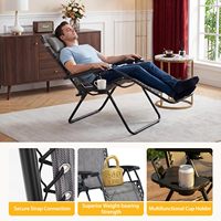 Sillas Reclinables Plegables Portátiles Grises con Almohada Ajustable, Portavasos de Malla y Bandejas, Silla para Jardín y Patio