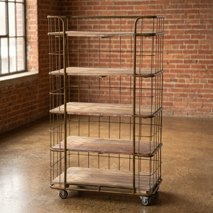 Industrial & Vintage Living Room Furniture Iron Metal & <b>Solid</b> Mango <b>Wood</b> Movable Open Book Shelf with Wheels for Apartment - Product Image 2