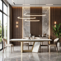 Ensemble de table à manger extensible en pierre frittée avec base en revêtement doré de luxe léger, 6 à 8 places