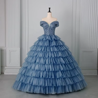 Robe de Quinceañera en tulle à étages, épaules dénudées, ornée de perles argentées, pour événements de soirée