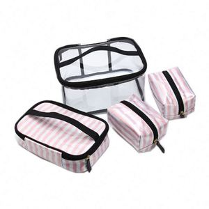 Free Sample Factory Promotion Pink Stripe <b>Set</b> 4 Transparent bsci Cosmetic <b>Bags</b> Coin Wallet Cosmetic <b>Wash</b> <b>Bags</b> - Product Image 1