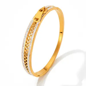 Fashion 18K Gold Plated Stainless Steel White Rhinestone Zipper Bangle Bracelet Waterproof Jewelry For Women Charm