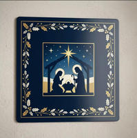 Panneau métallique carré géométrique abstrait Arbre de Noël, 20x20cm, Art mural en étain style Mid-Century, Décoration de Noël moderne Boho dorée