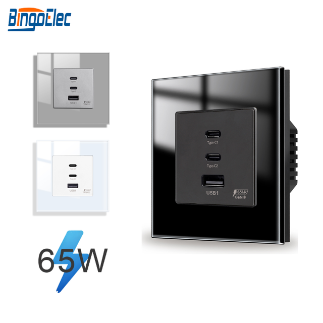 Bingoelec 65W GaN Fast Charging Wall Socket Dual Type C USB a Port Glass Wall Outlet for Hotel Home Office