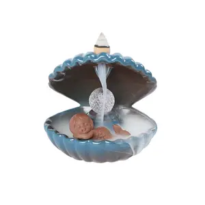 European LED Colour Light Shell and Mermaid / Kissing Fish Handicraft Reverse Incense Burner