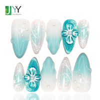 Ongles artificiels en acrylique de qualité supérieure, bleus, effet ombré 3D, forme amande, faits à la main, 10 pièces, vente en gros