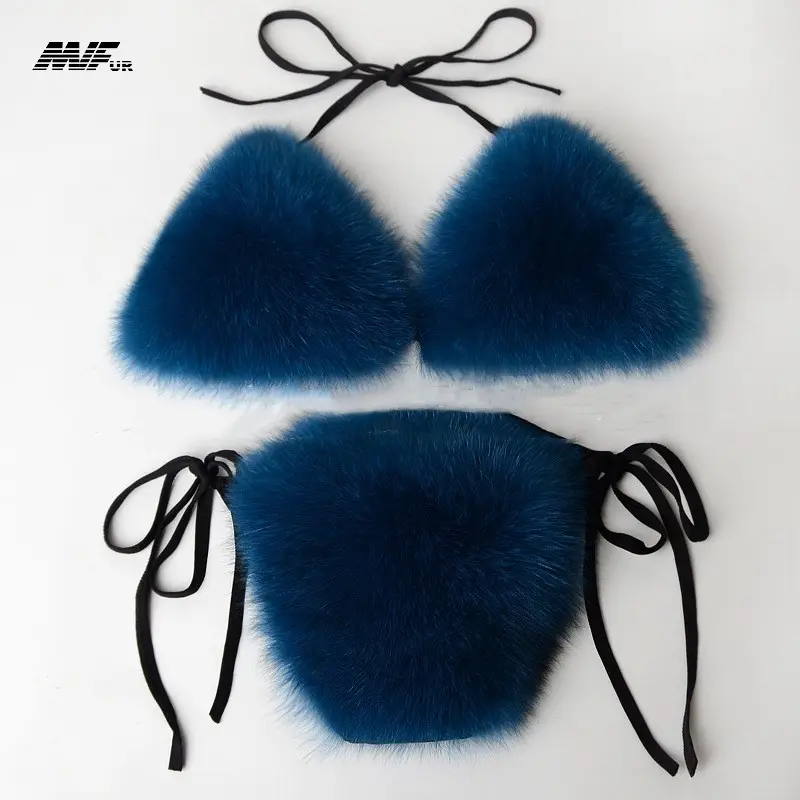 Phụ Nữ Sexy Lông Thú Tự Nhiên Đồ Lót Lông Bơi Phù Hợp Với Bất Fox Fur Bikini Set Cô Gái Fox Fur Bikini Set