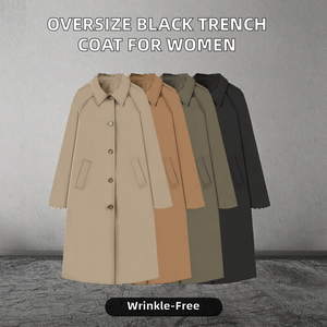 Abrigo de Gabardina para Mujer, Otoño-Invierno, Estilo Vintage, Tejido de Poliéster, Cuello con Botones, Negro, Talla Grande, Manga Larga, Antiarrugas - Product Image 2