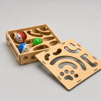 Boîte de jeu interactive en bois pour chat avec balles en ABS, distributeur de nourriture coulissant et découpes en forme de patte pour chats S
