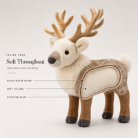 Renne en peluche de Noël sur pied avec bois de cerf dorés et crinière crème