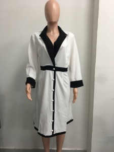 ชุดเดรสสีขาว & ดำของผู้หญิง, ชุดเดรสยาวคลุมเข่าแขนยาวแบบทางการมีเข็มขัดแฟชั่น - Product Image 6