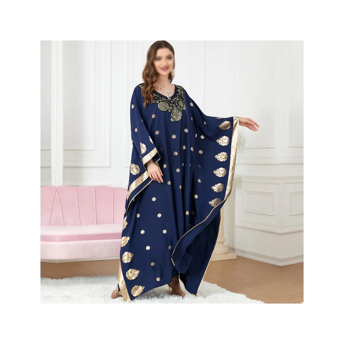 Middle East Malaysia Abaya Muslim Blue Hot Stamping Printing Bat Sleeve Loose Traditional Islamic Dubai Arab Women's Clothing