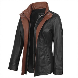 Veste en cuir noir pour femme, col haut, en peau de mouton, avec détails marron, entièrement doublée - Product Image 1