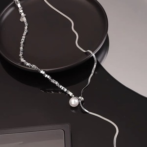 Silver Snake Bone Chain Pearl Necklace 122mm For Women Everyday Wear - Product Image 4