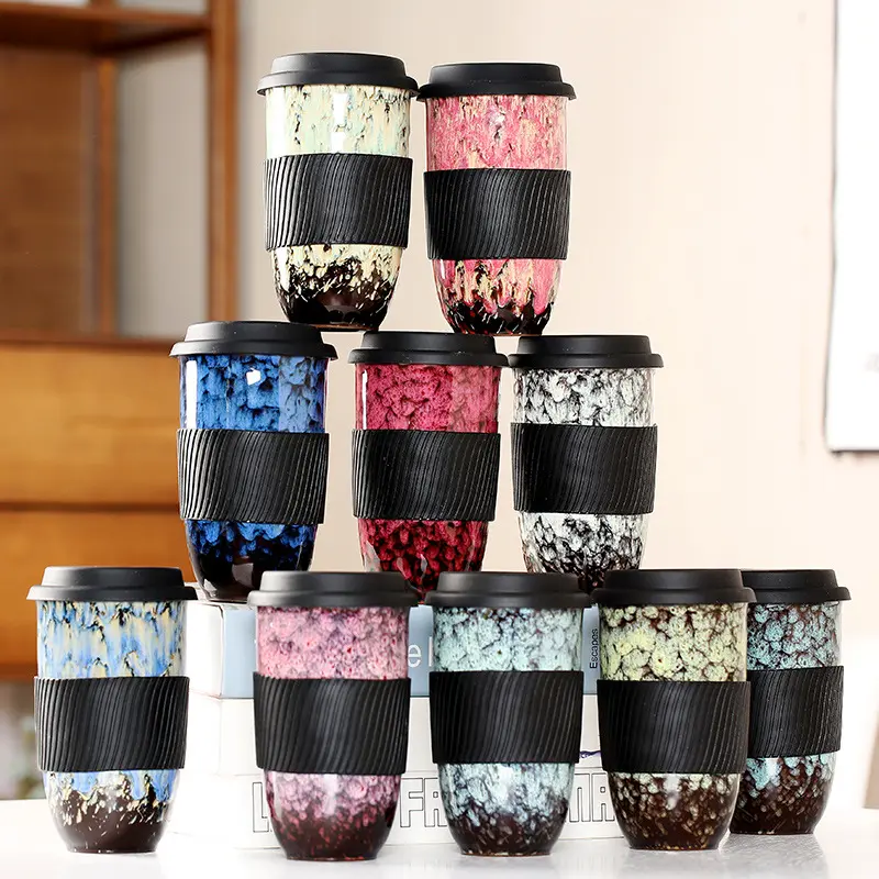400ml Ceramic Mug Heat Resistant Coffee Cup With Silicone Lid Heat Insulation Sleeve Latte Milk Espresso Cup Travel Mug