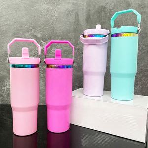 Vaso de Gran Capacidad para Exteriores, Colorido, de 30 oz, con Grabado Láser Arcoíris, Pajita Abatible y Asa Superior - Product Image 3