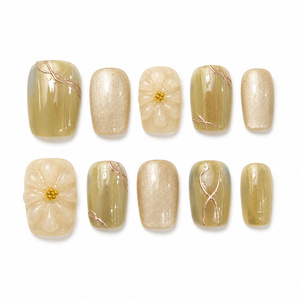 <span class=keywords><strong>Uñas</strong></span> <span class=keywords><strong>Postizas</strong></span> con Diseño de Ojo de Gato y Flores, Color Oliva Champán, Forma Squoval, Mate, con Cuentas Doradas, Diseño Retro, Cobertura Total, Venta al Por Mayor para Mujeres - Product Image 2
