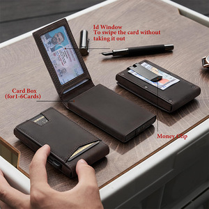 Bi Fold Vertical <b>Metal</b> Card Holder <b>Wallet</b> For Men Genuine Leather Coffee Brown Flip Top Business Style Everyday Use - Product Image 2