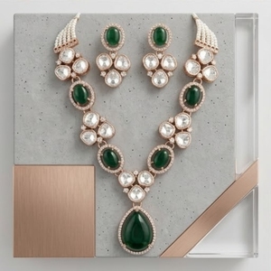 Rose Gold 925 <b>Silver</b> Necklace with Green Oval and Water Drop Crystals for Women Fine <b>Silver</b> Wedding Jewelry Set - Product Image 4