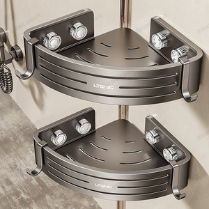 Lteng Corner Bathroom Storage Rack Suction Mounted Triangular Shelf With <b>Hooks</b> For Toilet Shower Storage - Product Image 2