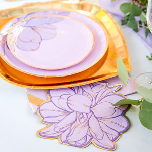 Vaisselle en papier personnalisée avec fleurs violettes et estampage à chaud doré, fabricant de vaisselle jetable, assiettes en papier, serviettes, vaisselle en papier pour fête du thé - Product Image 5