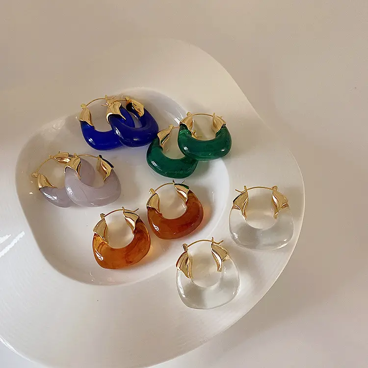 fashion women Transparent U-shaped Hoop Earrings clear ladies Acrylic Gold Plated Colorful Resin Hoop Earrings