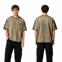 T-shirt Homme Lourd 330 GSM en Coton Pur, Délavé à l'Acide, Effet Vintage Monkey Spray, avec Poche, Style Streetwear, Uni