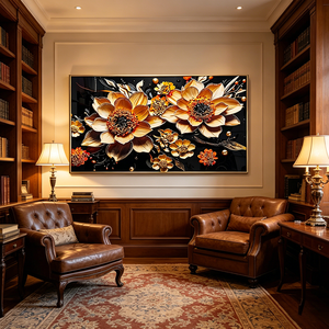 Peinture murale LED personnalisée en porcelaine <span class=keywords><strong>de</strong></span> luxe avec motif <span class=keywords><strong>de</strong></span> tournesol doré, décoration florale pour salon, <span class=keywords><strong>salle</strong></span> à <span class=keywords><strong>manger</strong></span>, maison - Product Image 3