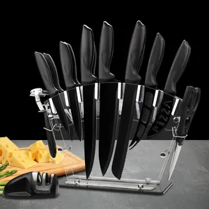 Ensemble de couteaux de cuisine noirs super tranchants avec bloc Ensemble de couteaux de chef polyvalents avec aiguiseur et éplucheur Couteaux en acier inoxydable