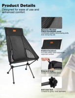 Chaise de camping pliable à dossier haut, cadre en fibre de carbone, siège en maille léger avec support de tête, poches latérales pour les voyages, OEM personnalisé