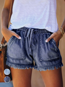 Fashion Summer Women's <b>Elastic</b> <b>Waist</b> Shorts Casual Short Pants Slim Solid Color Pocket Lady's <b>Jeans</b> Drawstring Short Pants - Product Image 4