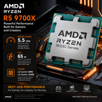 Processeur AMD Ryzen 7 9700X AM5 Zen5 8 cœurs 16 threads 3,8 GHz de base 5,5 GHz en boost DDR5 pour ordinateur de bureau et jeux, en stock