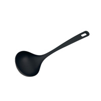 Cuillère à soupe noire en nylon antiadhésive pour servir et portionner les soupes, accessoire essentiel et pratique avec revêtement anti-adhérent et trou pour retirer facilement la crème