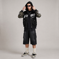 Sweat à capuche zippé Y2K pour homme, noir, à épaules tombantes, imprimé camouflage gothique, avec patch flamme, rivets et strass, style streetwear personnalisé