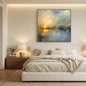 Blue and <b>Gold</b> Abstract Painting Handmade Oil Painting on Canvas Large Wall Art Soft Neutral Oil Painting Home Hotel Decor - Product Image 4