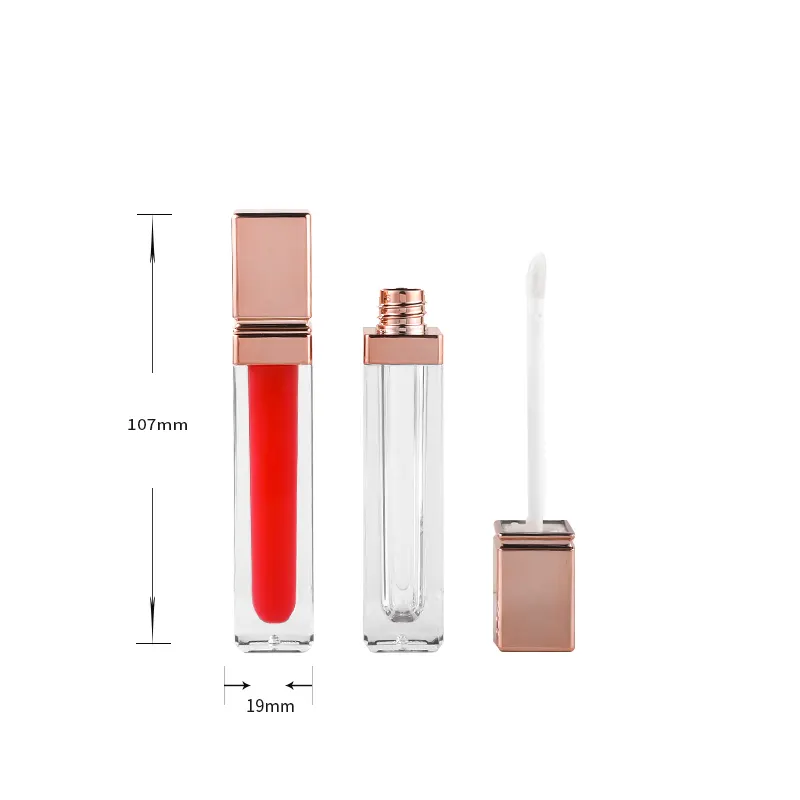 Custom Branded Lip Gloss Container 7ml Square PETG Empty Lipgloss Tube With Rose Golden Lid