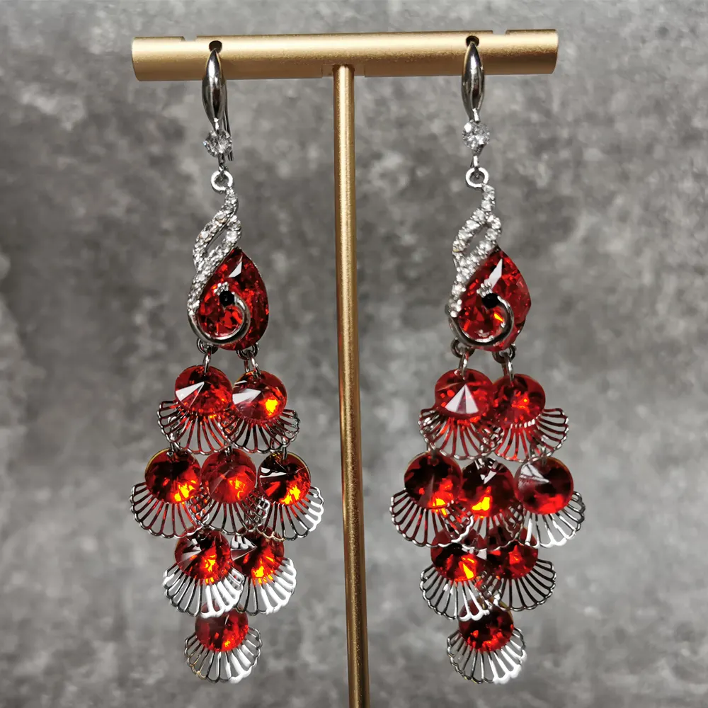 Pendientes de plumas de pavo real para mujer, aretes de circonita de cristal rojo 925 de plata colgantes, llamativos