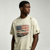 T-shirt DTG personnalisé Kornit, épais, effet vieilli et déchiré, imprimé drapeau américain et voiture, style streetwear, fourniture directe usine OEM