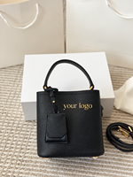 Tas Tangan Wanita Mewah Model Bucket Kulit Bertekstur Hitam, Tas Selempang Bahu dengan Pegangan Atas, Aksesoris Emas, Logo Custom